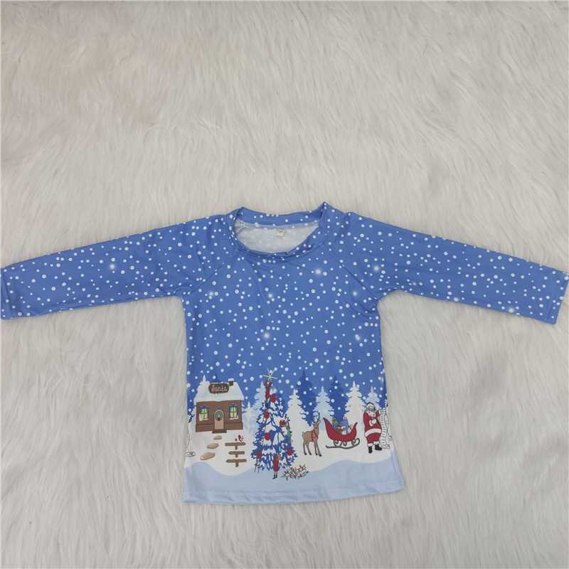 6 A1-16 Christmas Santa Claus snow blue long sleeve kids top