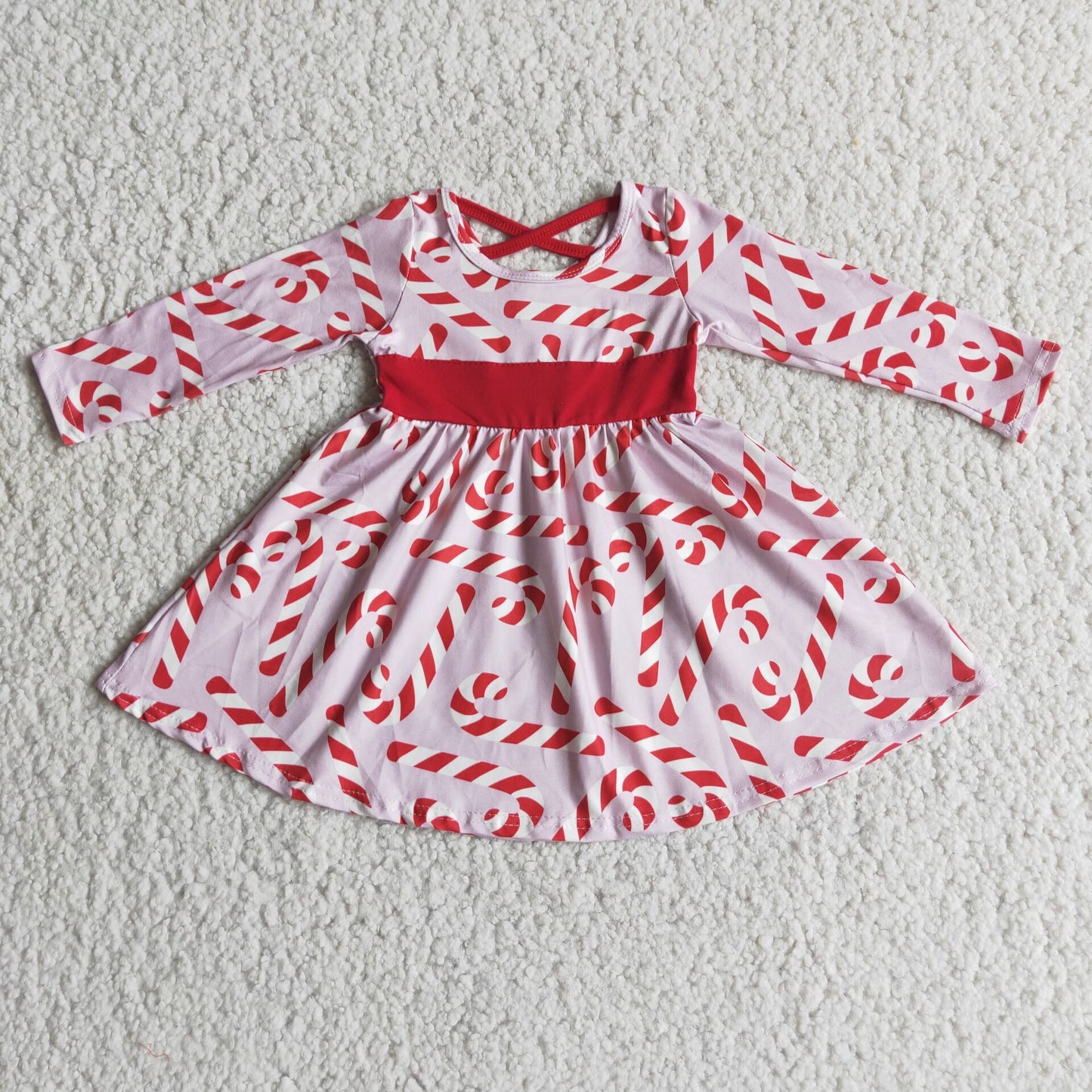 6 A12-18 Christmas cane candy pink long sleeve girls dress