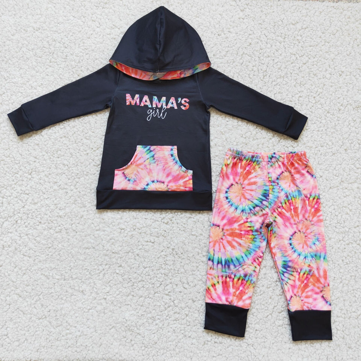 6 A14-17 Mamas girl black long sleeve pocket hoodie pink pants girls set