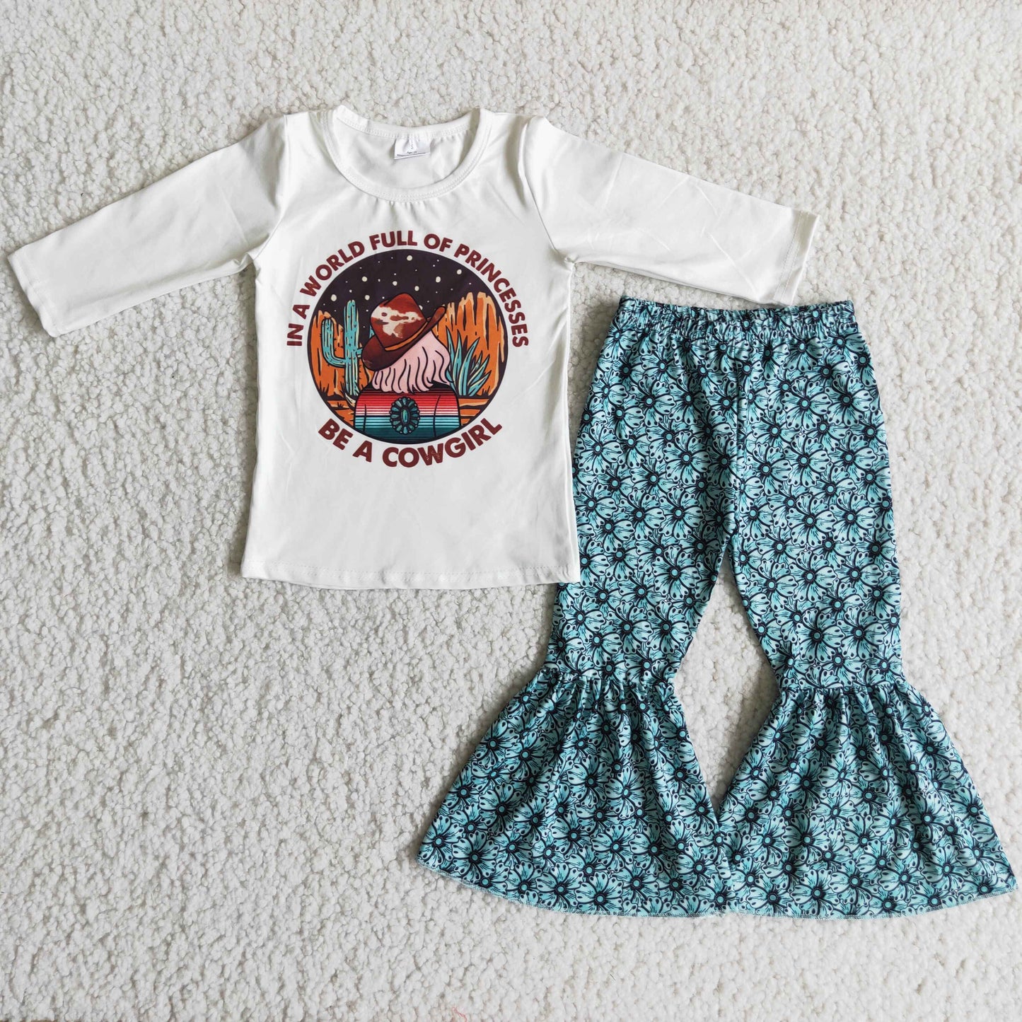 6 A14-29 Be a cowgirl long sleeve blue flowers pants girls set