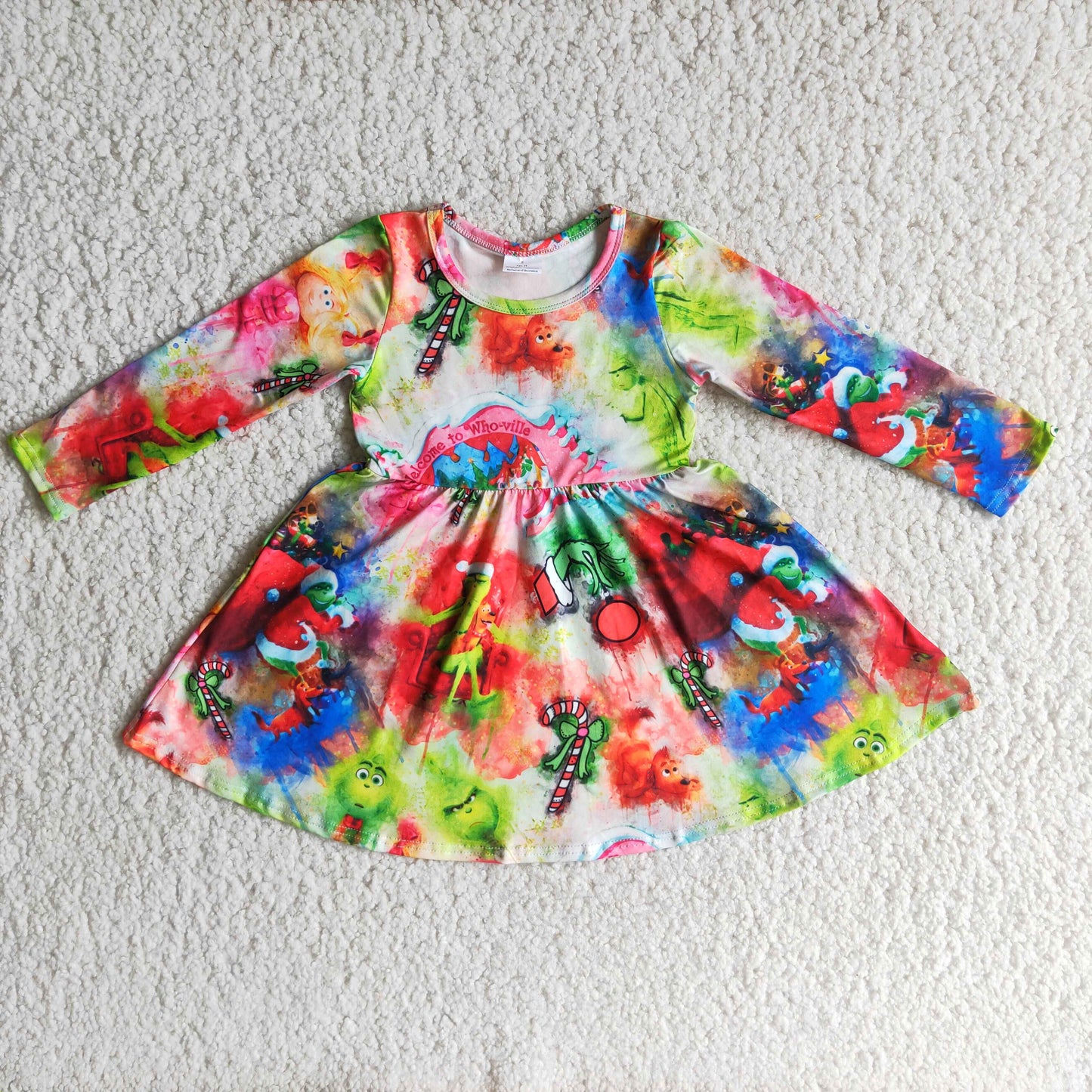 6 A15-3 Christmas green face colorful long sleeve girls dress