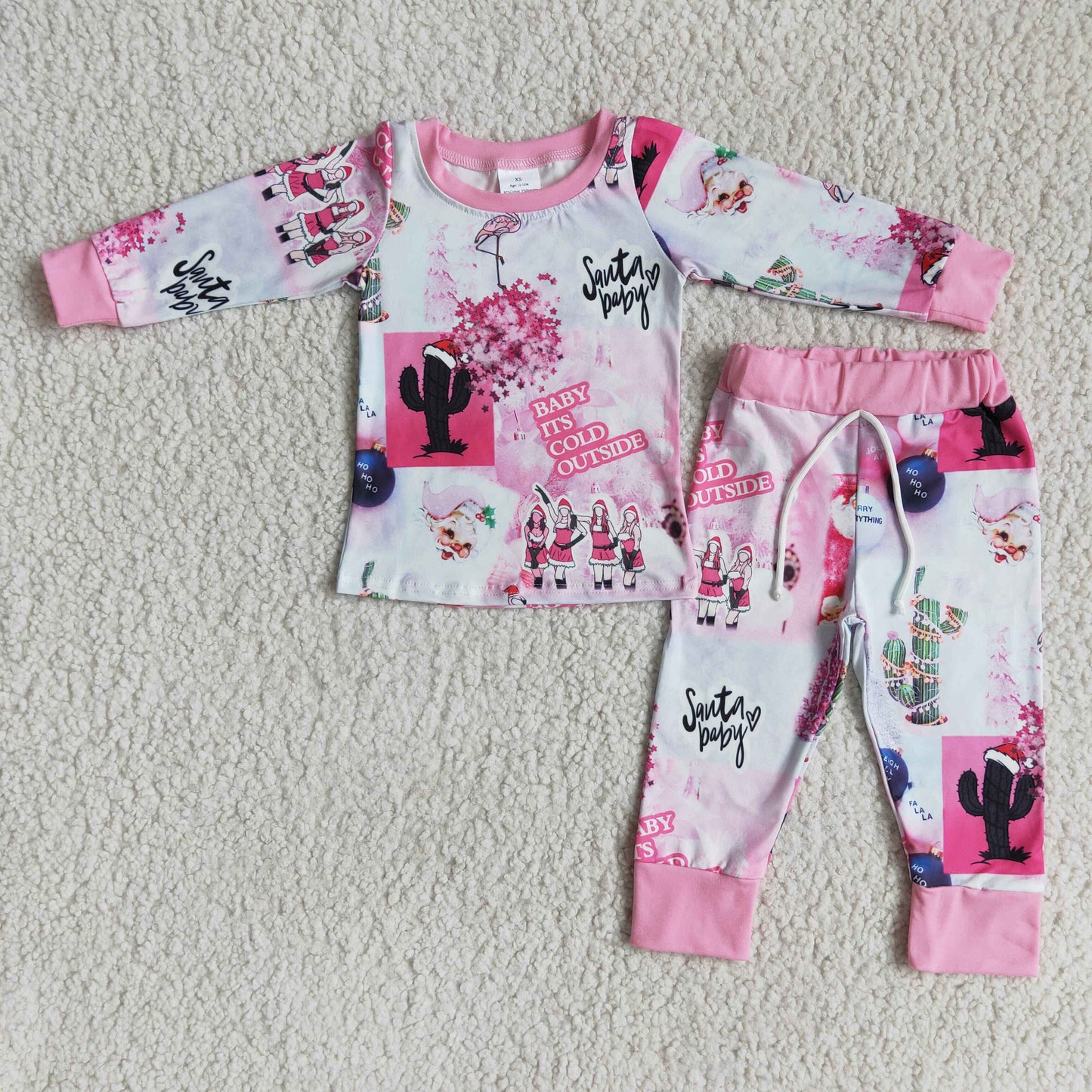 6 A17-4 Christmas Santa pink long sleeve pants girls pajamas