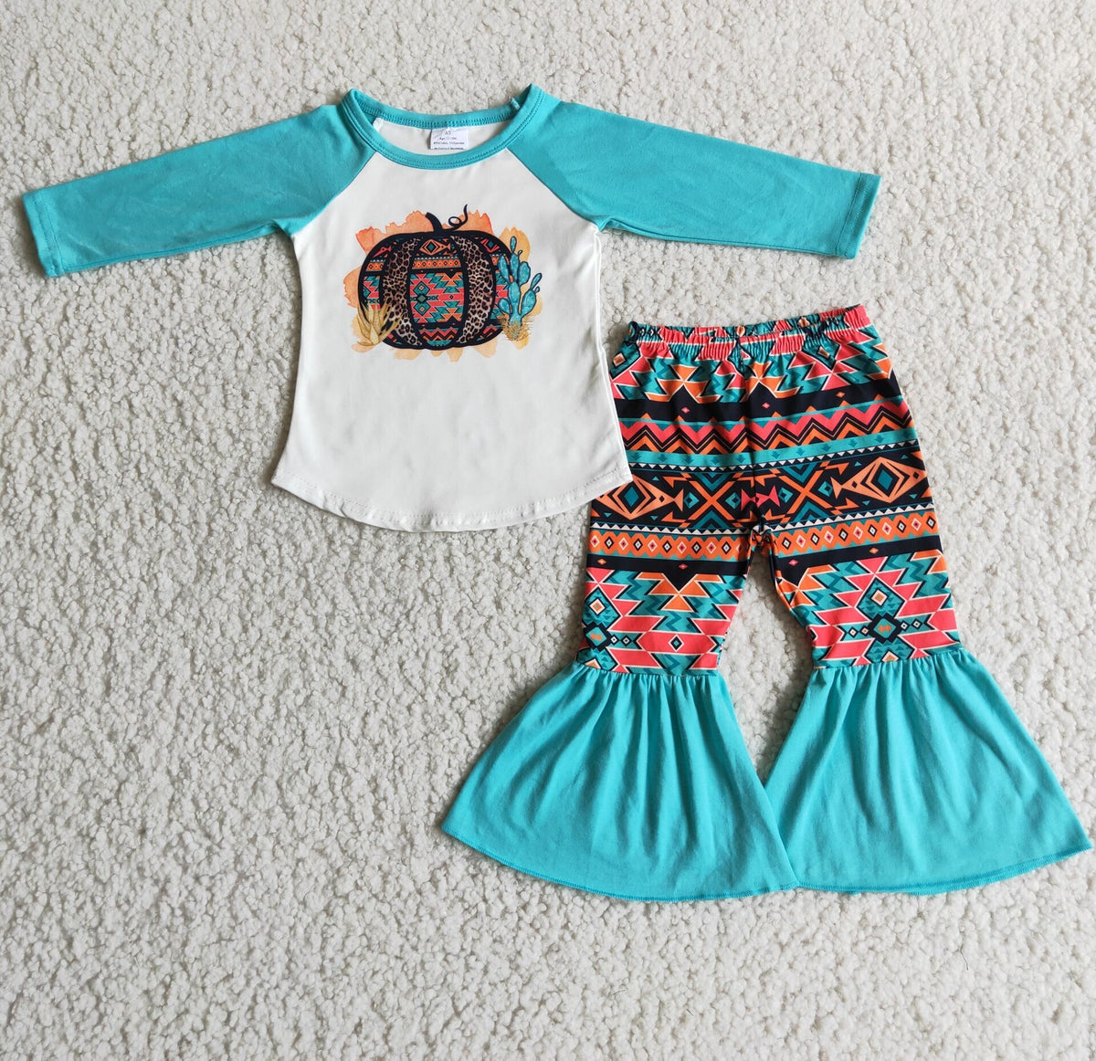 6 A18-14 Pumpkin Aztec blue long sleeve girls set