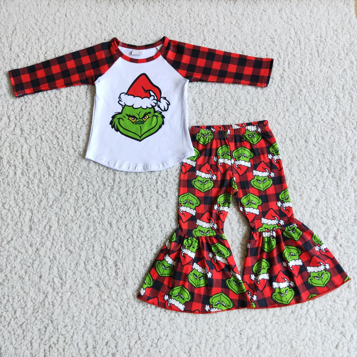 6 A18-30 Christmas green face long sleeve red checkered pants girls set
