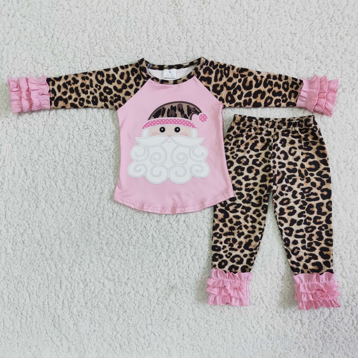 6 A22-12 Pink Santa Baby Girls Leopard Print Tunic Casual Ruffles Legging Pants Sets