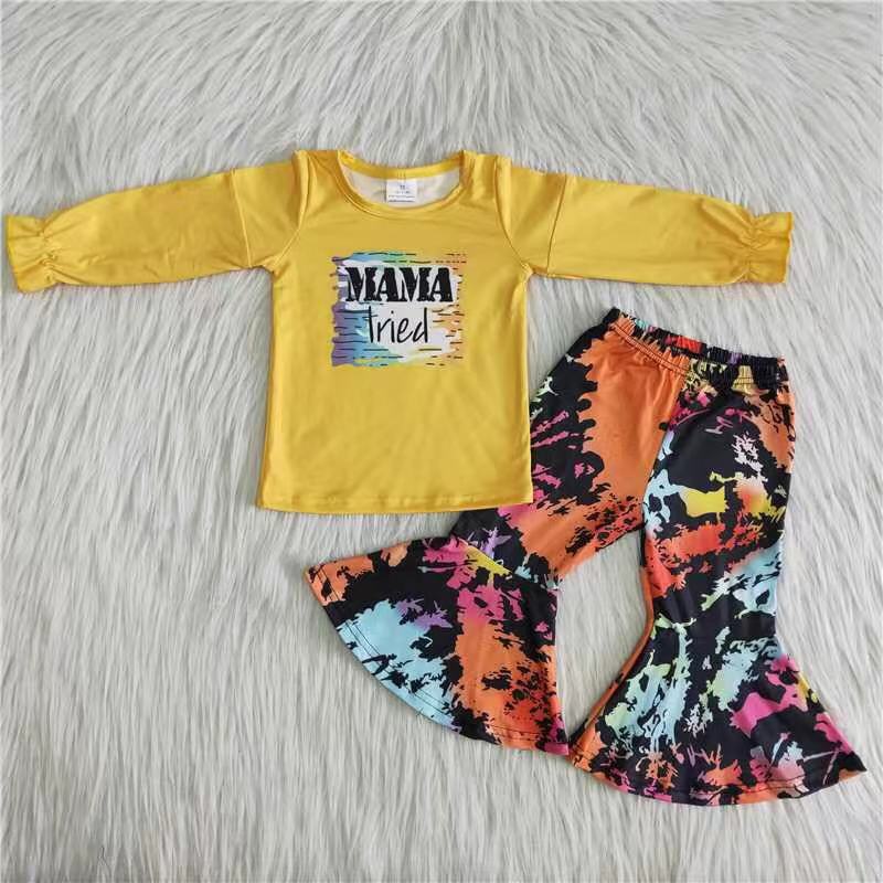 6 A22-15 Mama yellow long sleeve colorful pants girls set