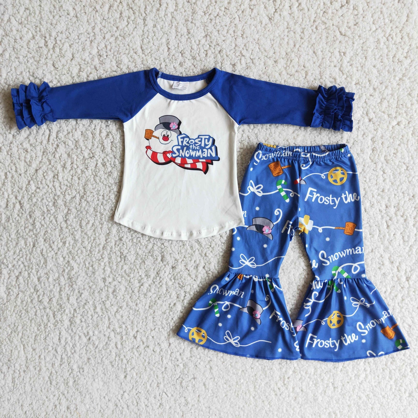 6 A22-4 Christmas snowman blue long sleeve pants girls set