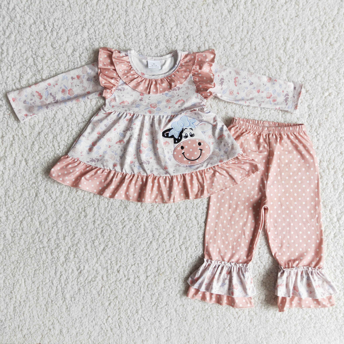 6 A26-30 Cow flowers pink long sleeve pink dot pants girls set