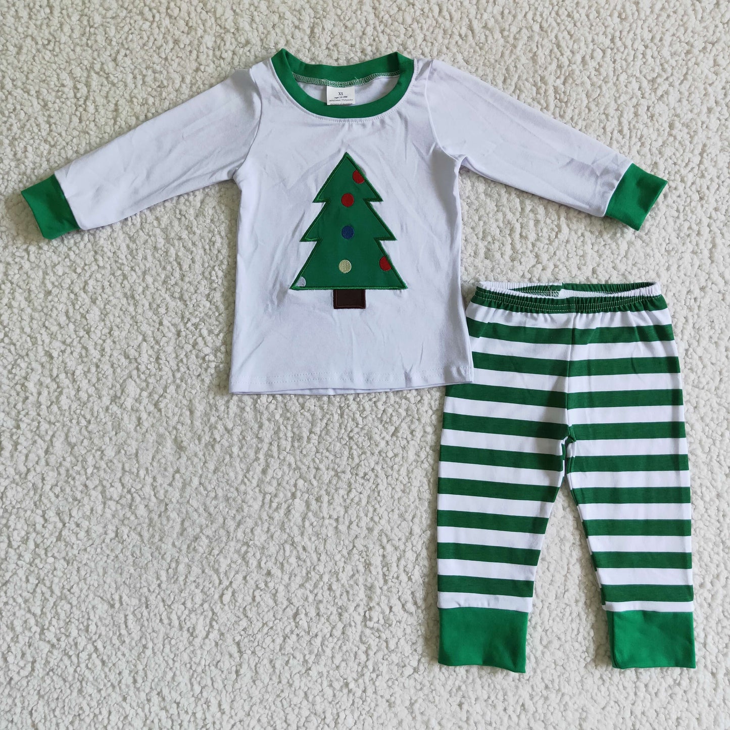 6 A28-15 Christmas tree long sleeve green striped pants boys set