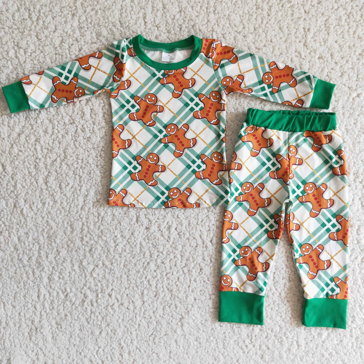 6 A3-26 Christmas gingerbread man green checkered long sleeve pants boys pajamas