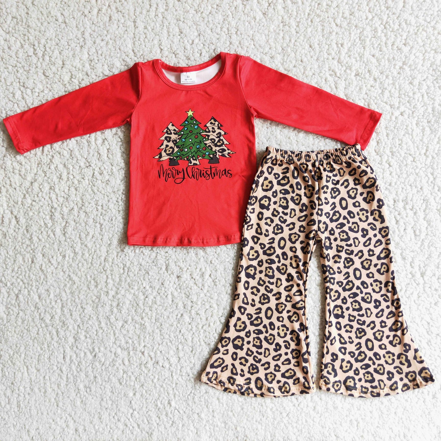 6 A4-19 Christmas tree red long sleeve leopard pants girls set