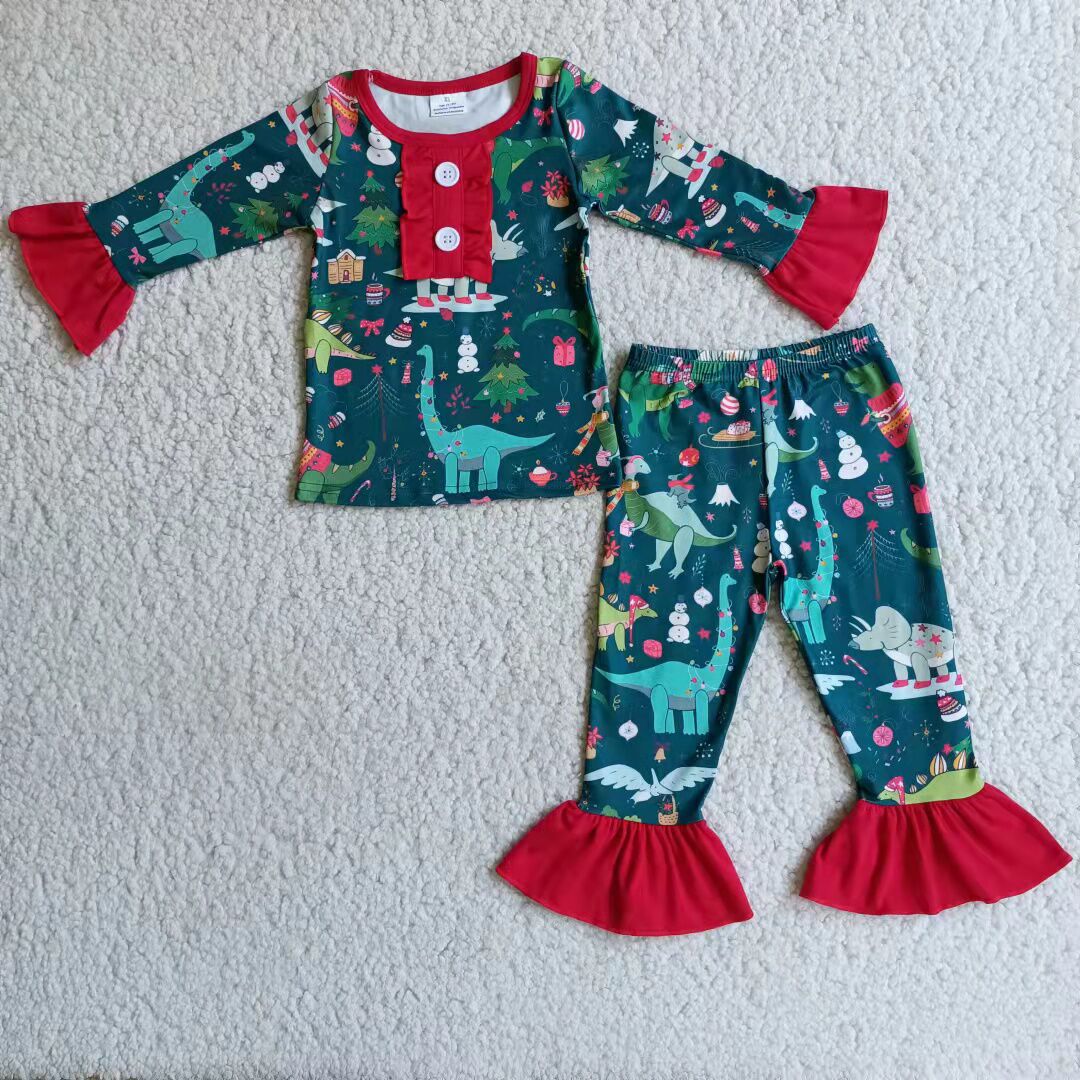 6 A4-28 Christmas dinosaur blue long sleeve pants girls pajamas