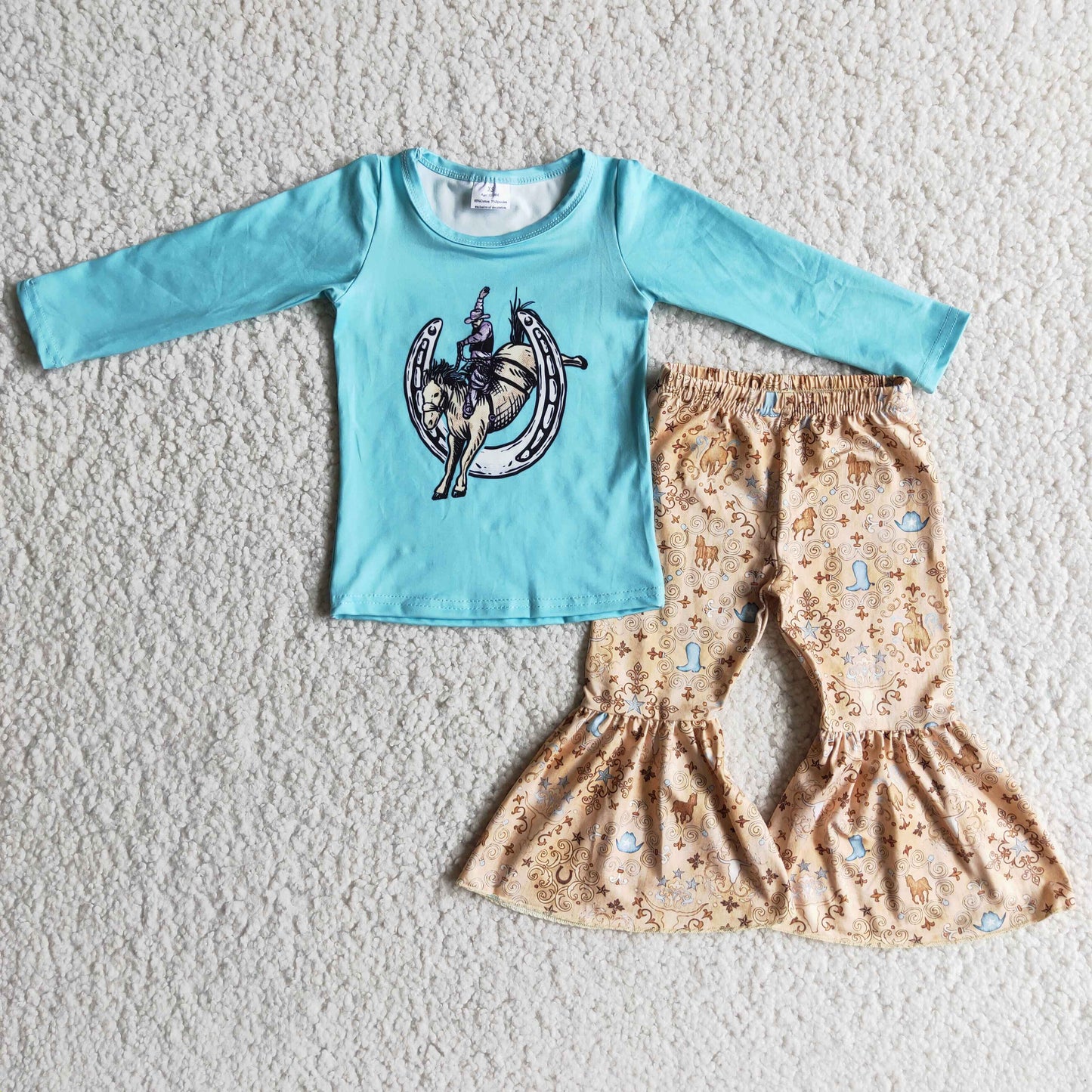 6 A4-3 Western horse shoe blue short sleeve horse boot brown pants girls set
