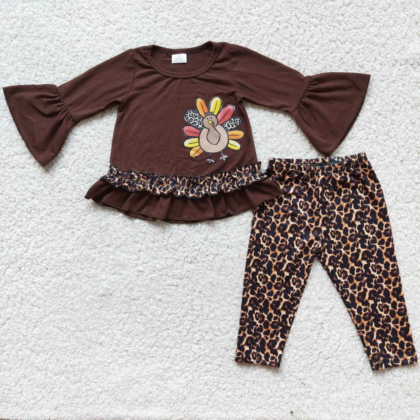 6 A8-12 Thanksgiving turkey brown long sleeve top leopard pants girls set