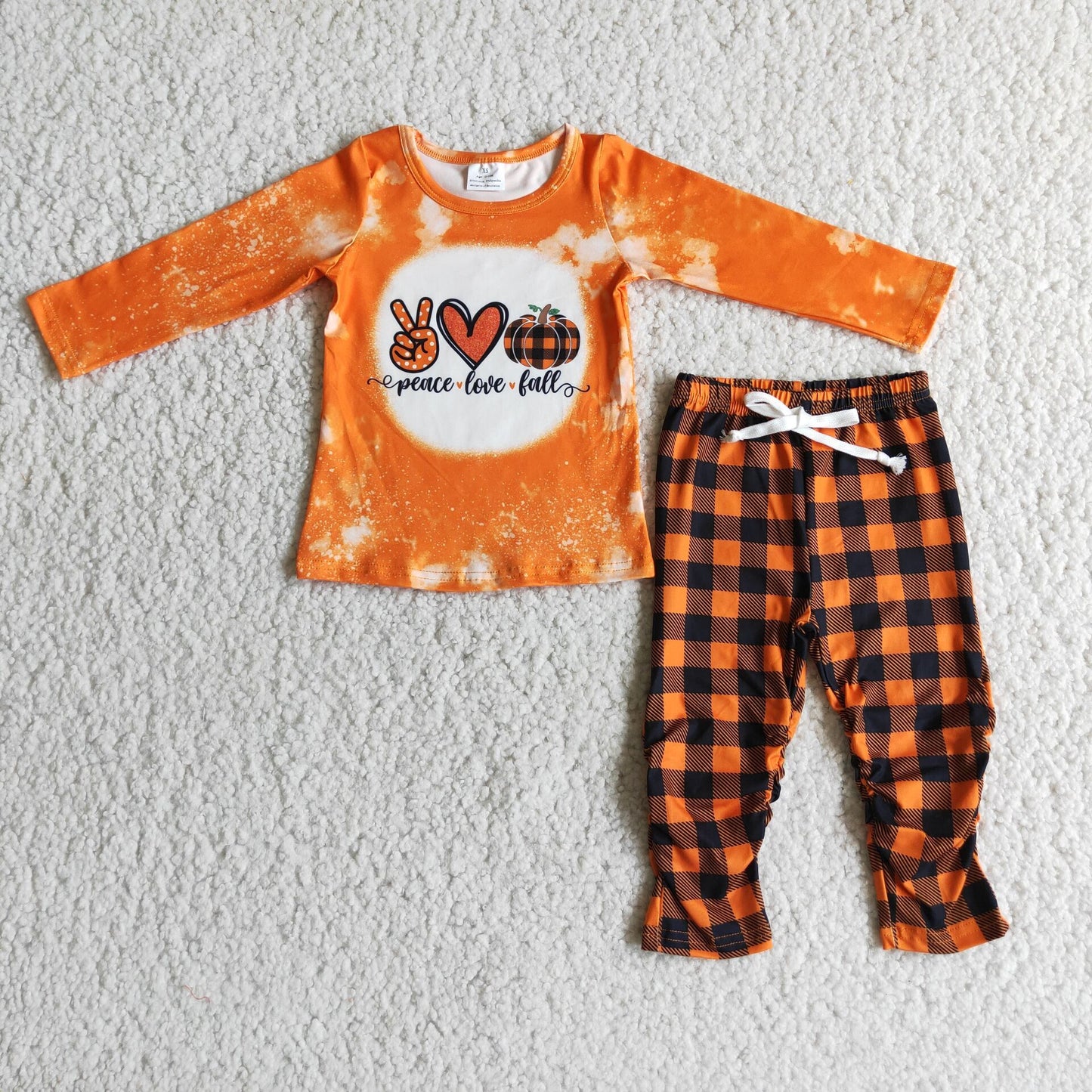 6 A9-27 Peace love falls pumpkin orange long sleeve striped plaid pants girls set