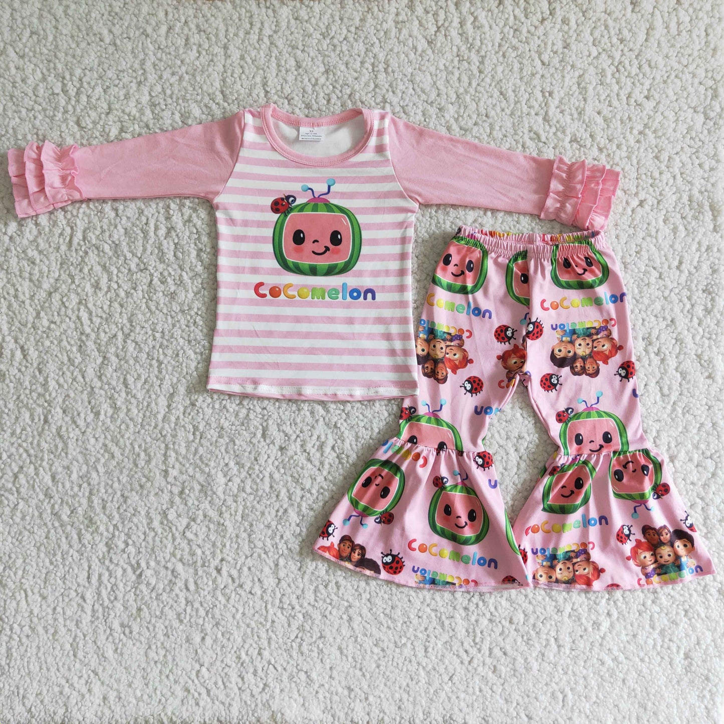 6 B11-23 cartoon watermelon pink striped long sleeve pants girls set