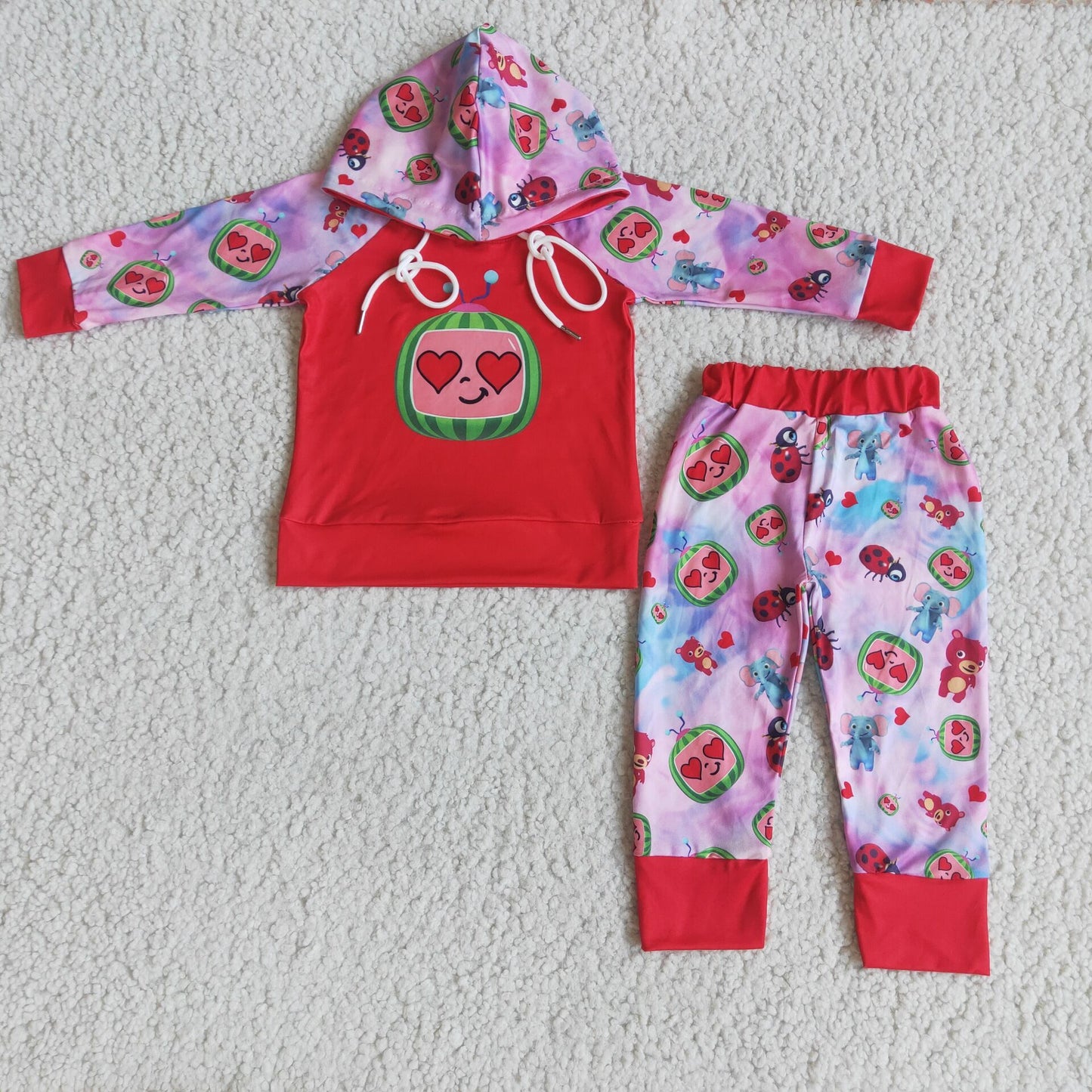6 B12-39 Valentine's Day Watermelon Heart Long Sleeve Hoodie Pants Girls Set
