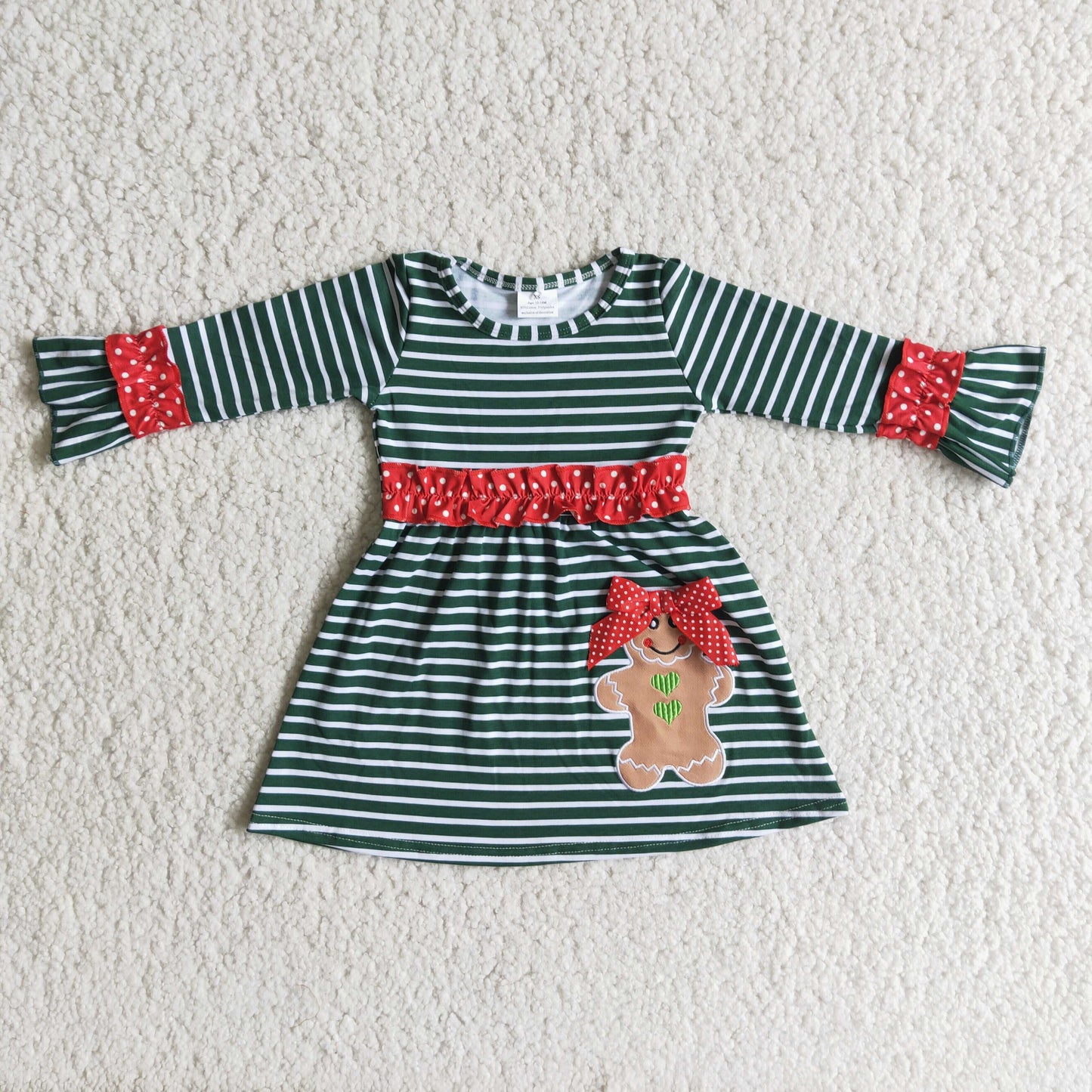 6 B13-20 Christmas gingerbread man dark green striped long sleeve girls dress