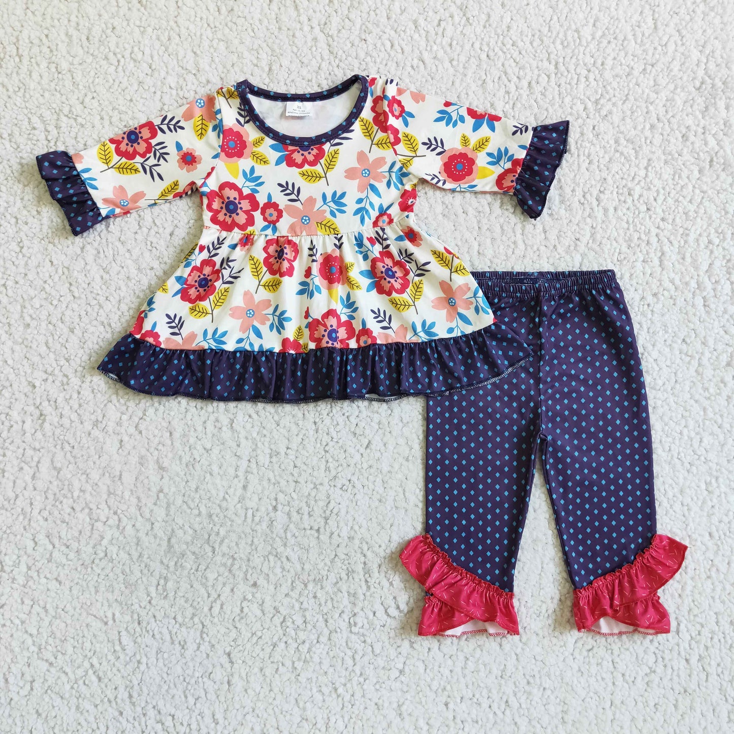 6 B2-1 Colorful Flowers Long Sleeve Navy Pants Girls Set