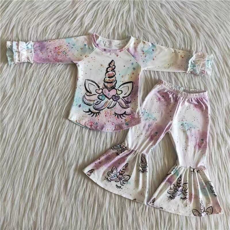 6 B1-33 Pink unicorn long sleeve pants girls set