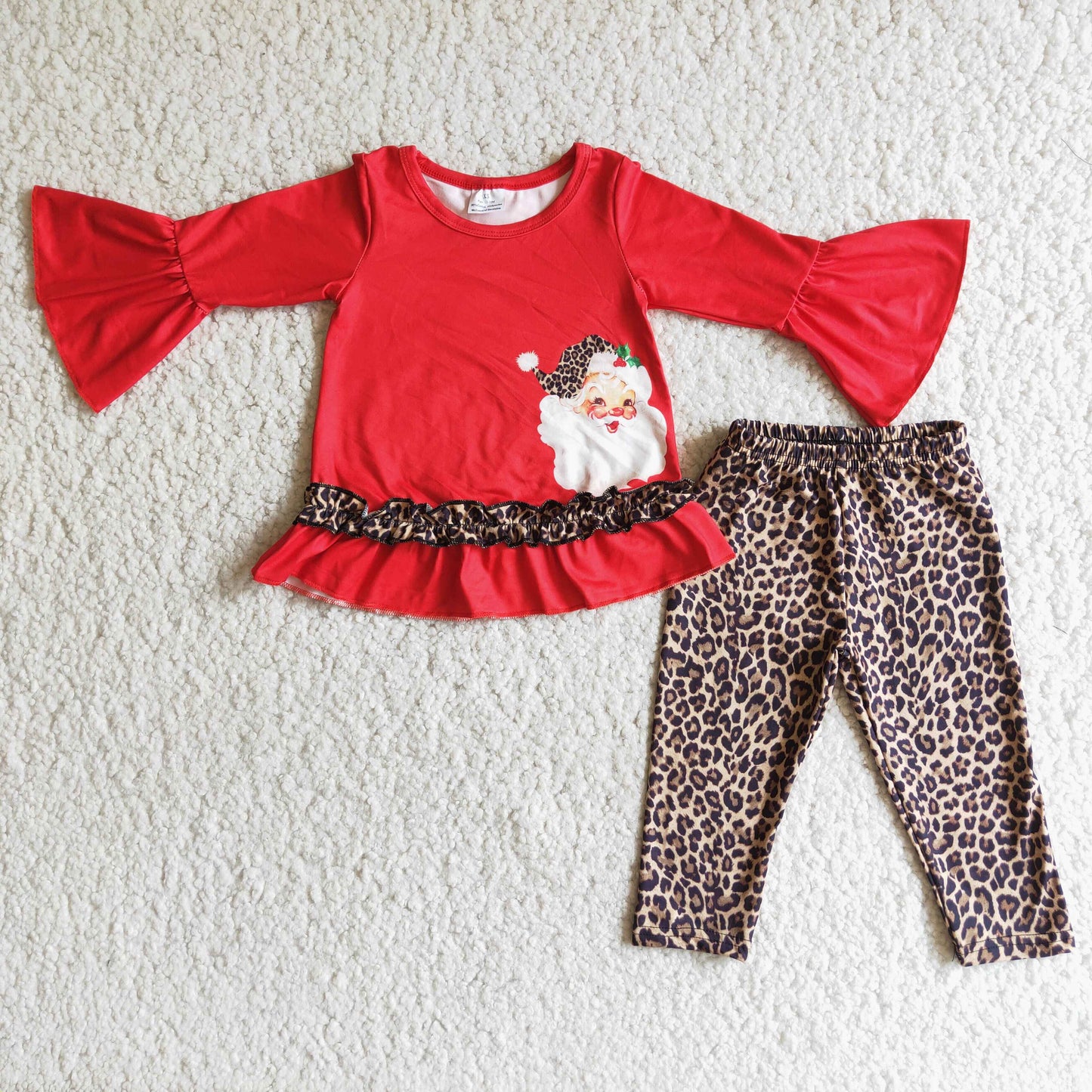6 B3-19 Christmas Santa red long sleeve leopard pants girls set
