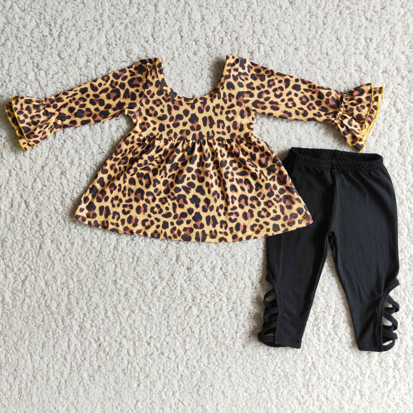6 B6-40 Leopard long sleeve black pants girls set