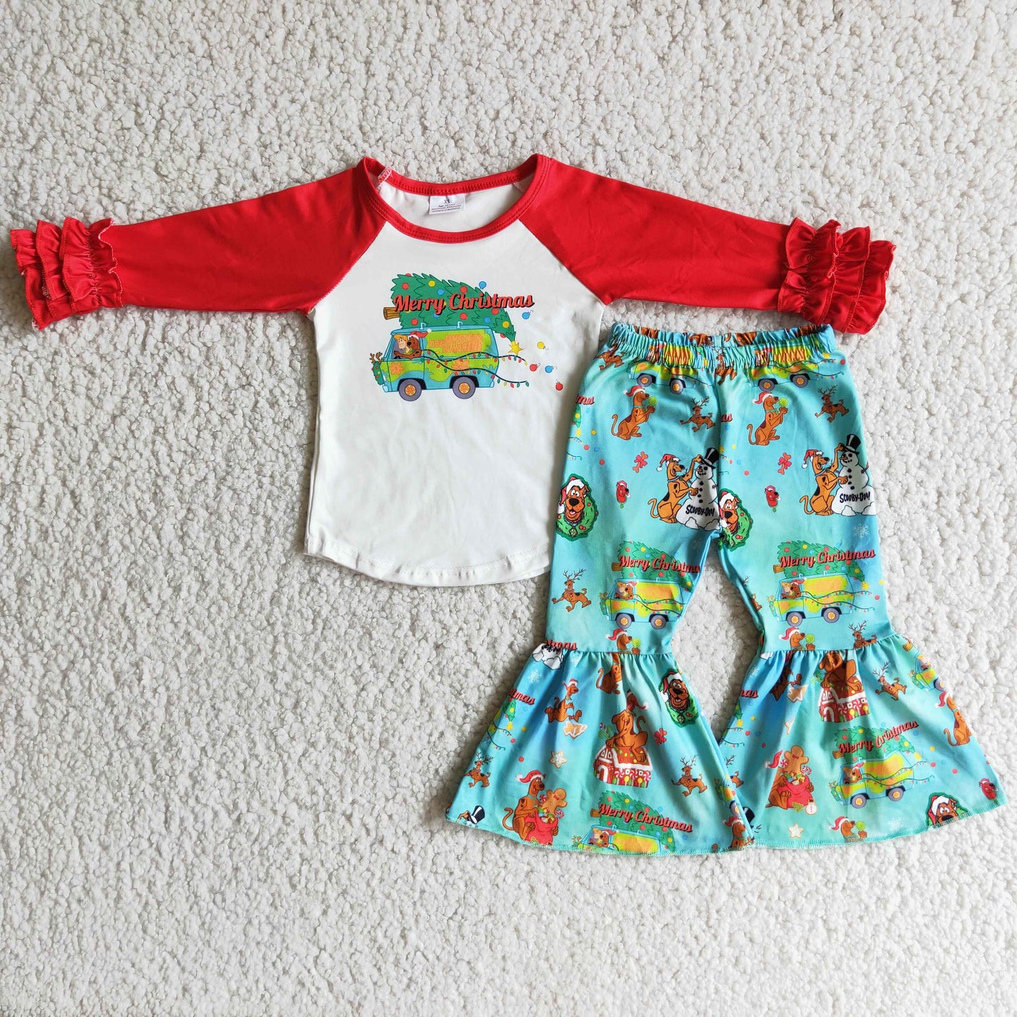 6 B7-4 Merry Christmas truck red long sleeve blue pants girls set