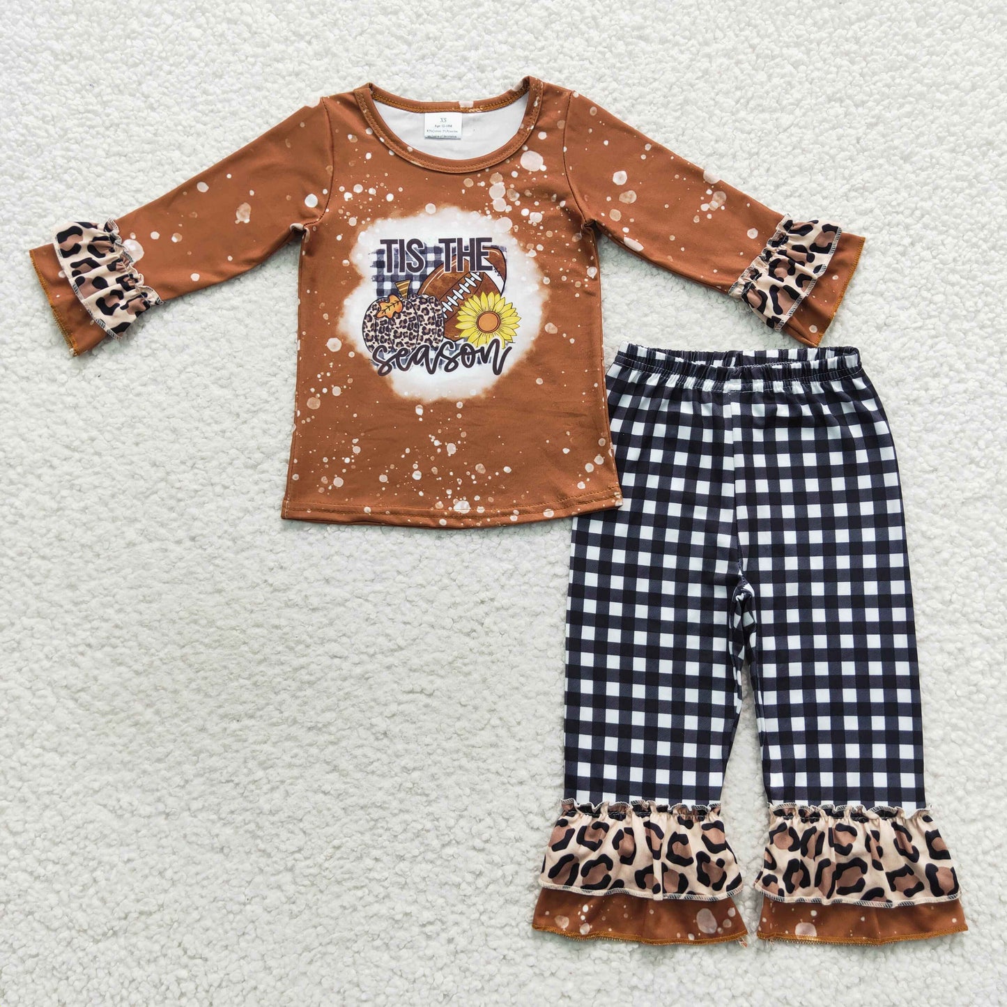 GLP0706 Tis the season football brown long sleeve black plaid pants girls set