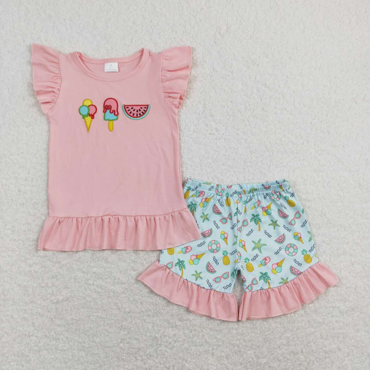 GSSO0509 Embroidery Girl Ice Watermelon Flutter Sleeve Blue Shorts Girls Set Kids Summer Clothes