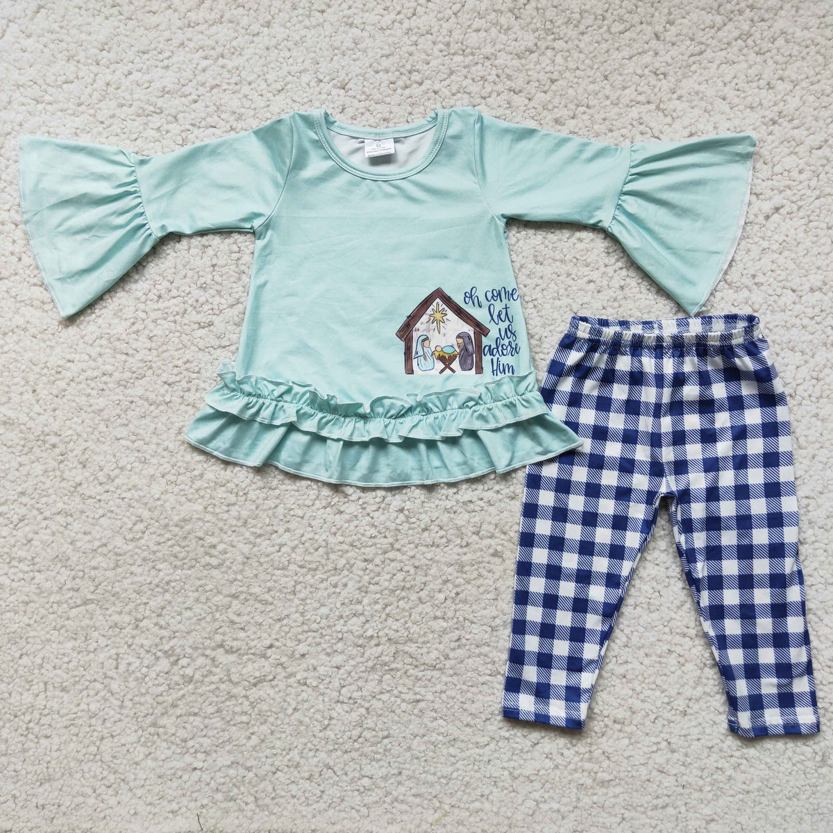 6 C10-27 The Nativity Story green long sleeve blue checkered pants girls set