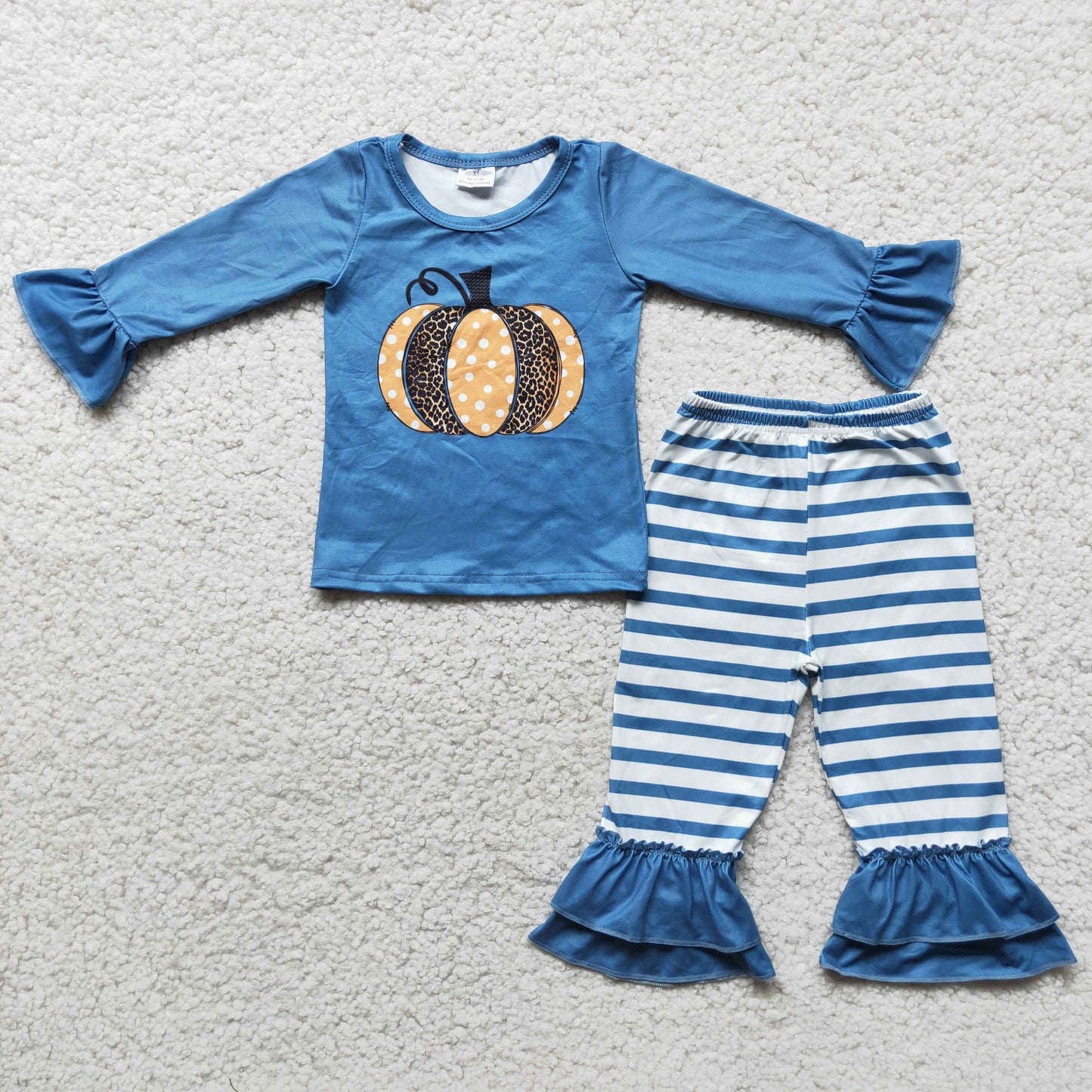 6 C10-39 Orange blue long sleeve blue striped pants girls set
