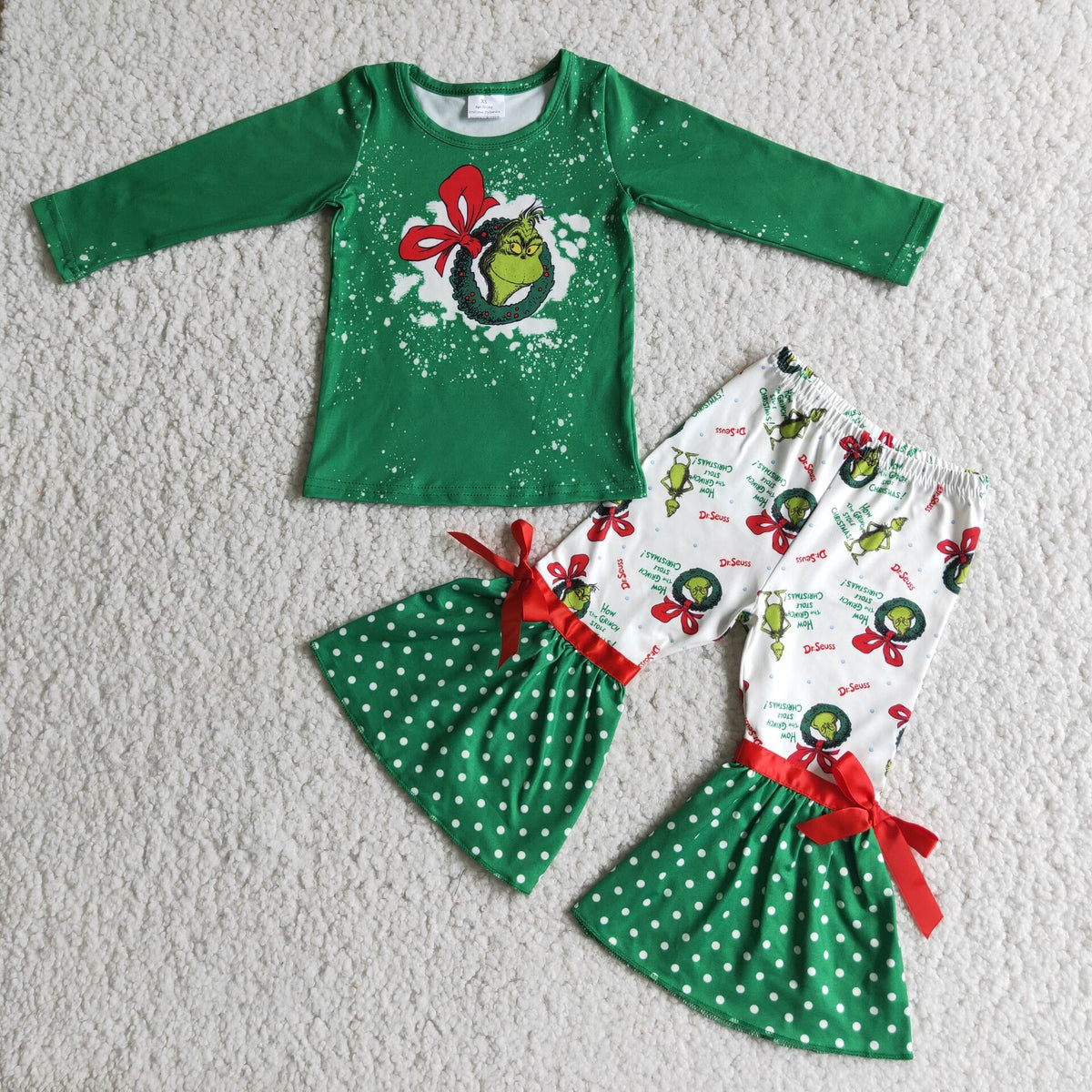 6 C6-20 Christmas green face green long sleeve pants girls set