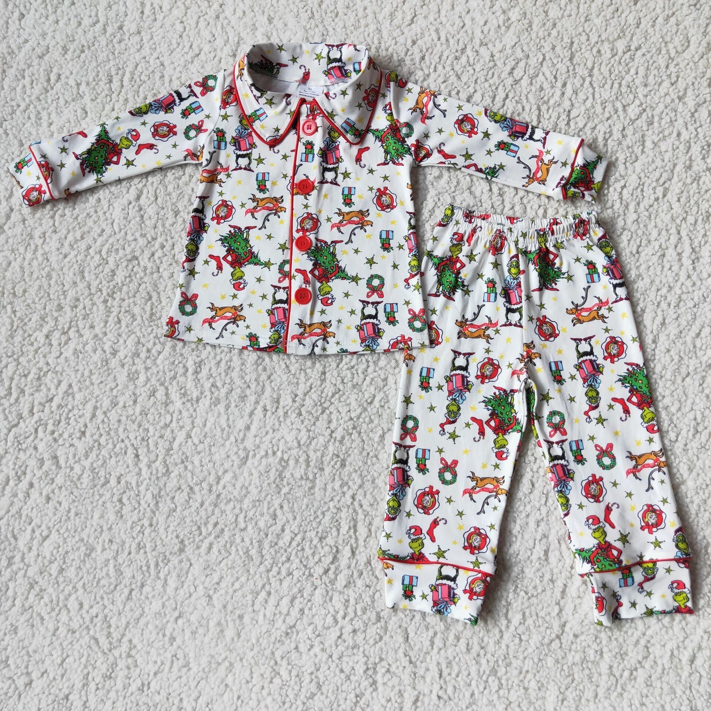 6 C6-39 Christmas green face long sleeve pants boys set