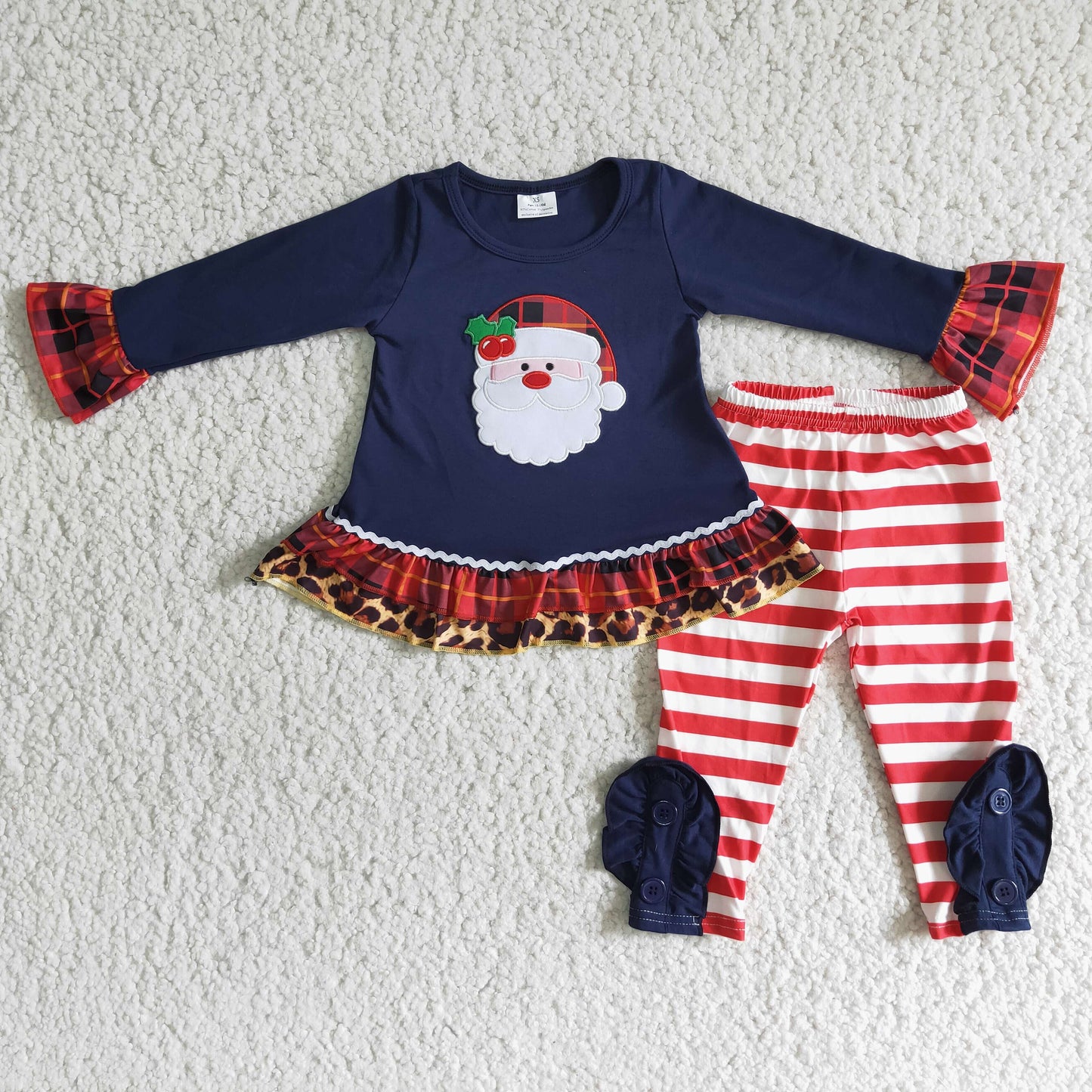 6 C7-2 Christmas Santa navy blue long sleeve red striped pants girls set