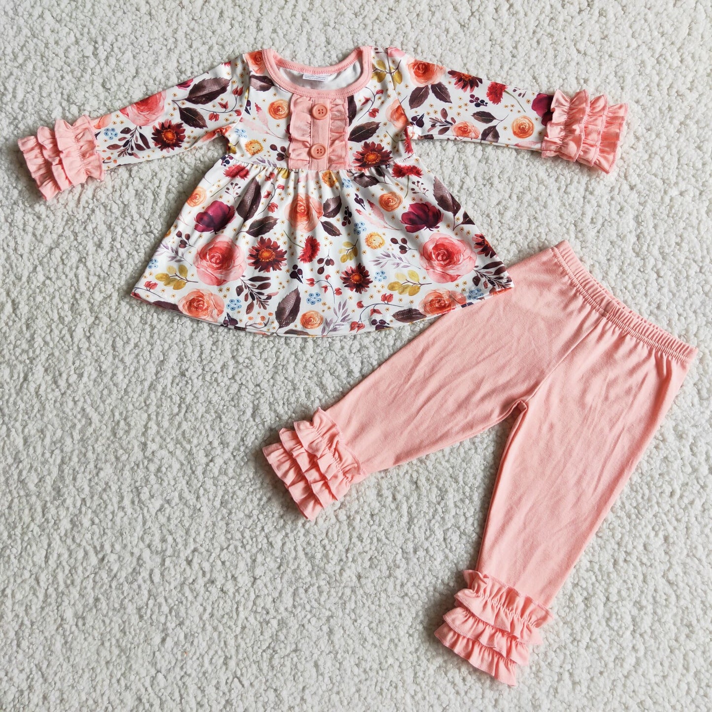 6 C7-20 Flowers pink long sleeve ruffles pants girls set