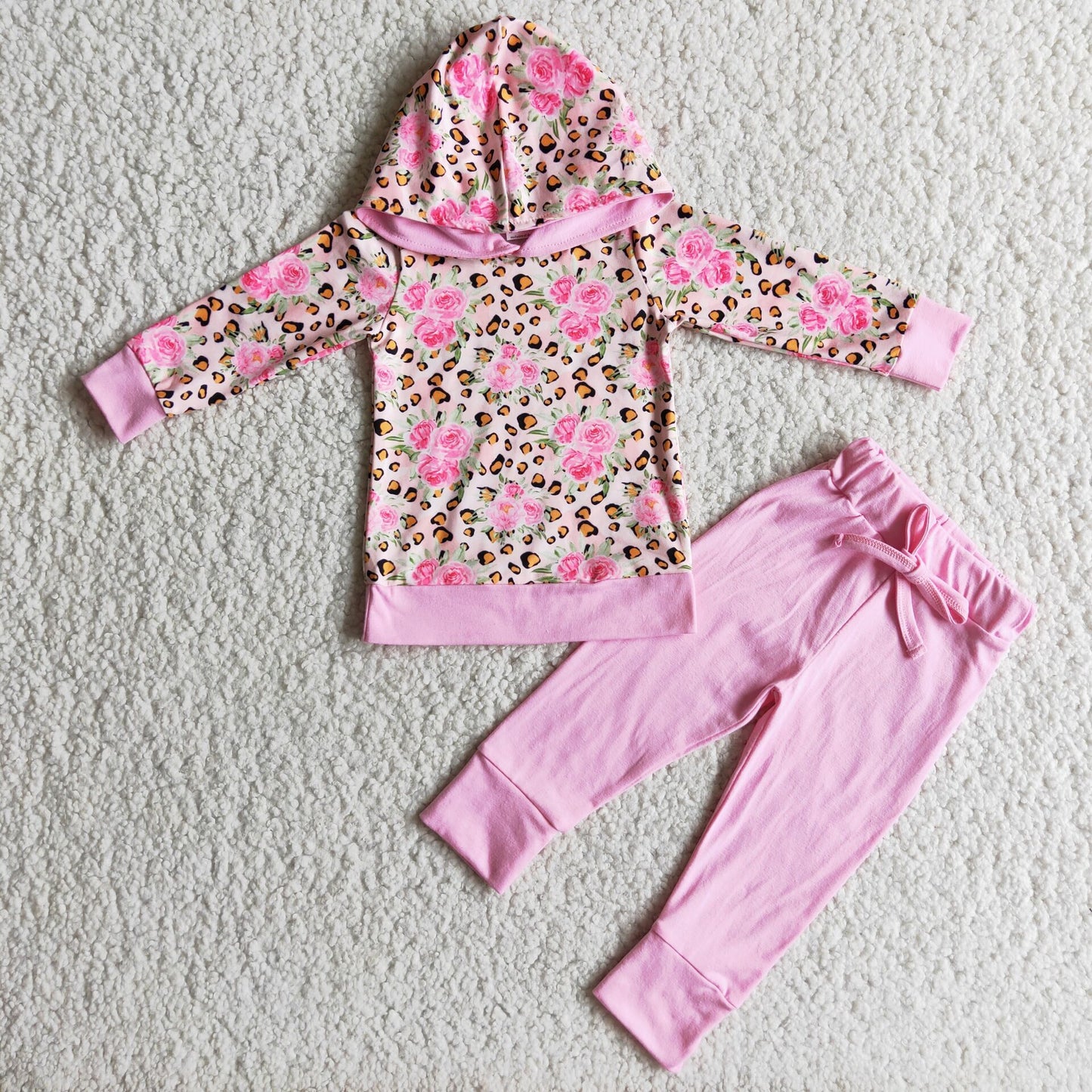 6 C7-22 Flowers leopard hoodie pink pants girls set