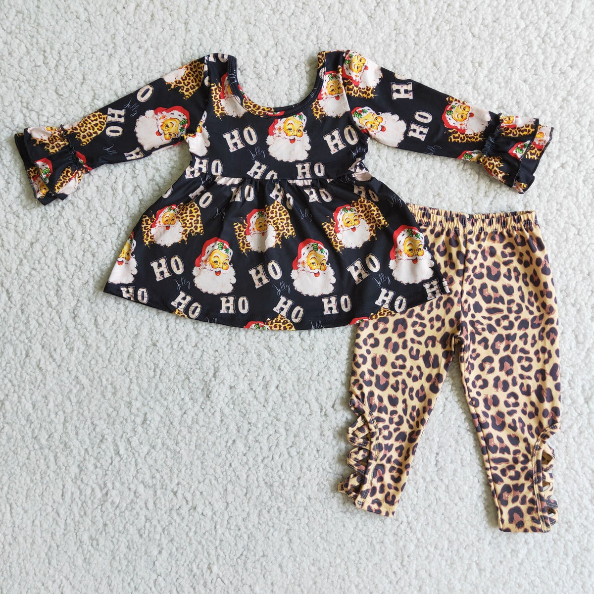 6 C7-36 Ho Christmas Santa Claus black long sleeve leopard pants girls set