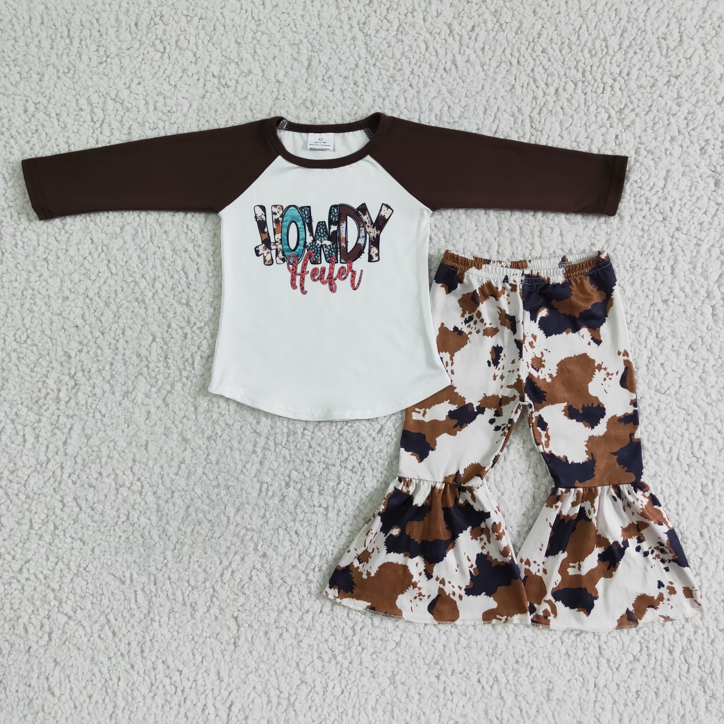 6 C8-25 Western Howdy Long Sleeve Cow Print Pants Girls Set