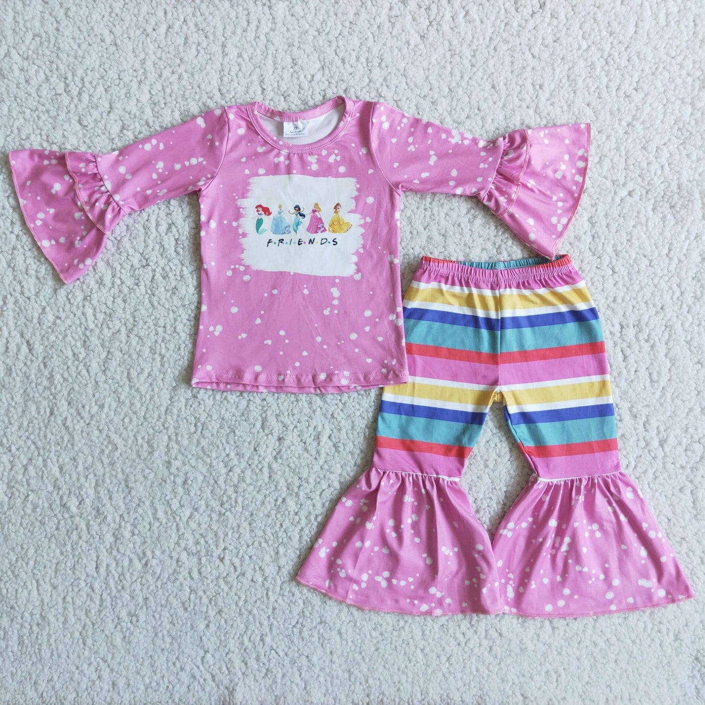 6 C8-3 Cartoon Princess Pink Long Sleeve Striped Pants Girls Set