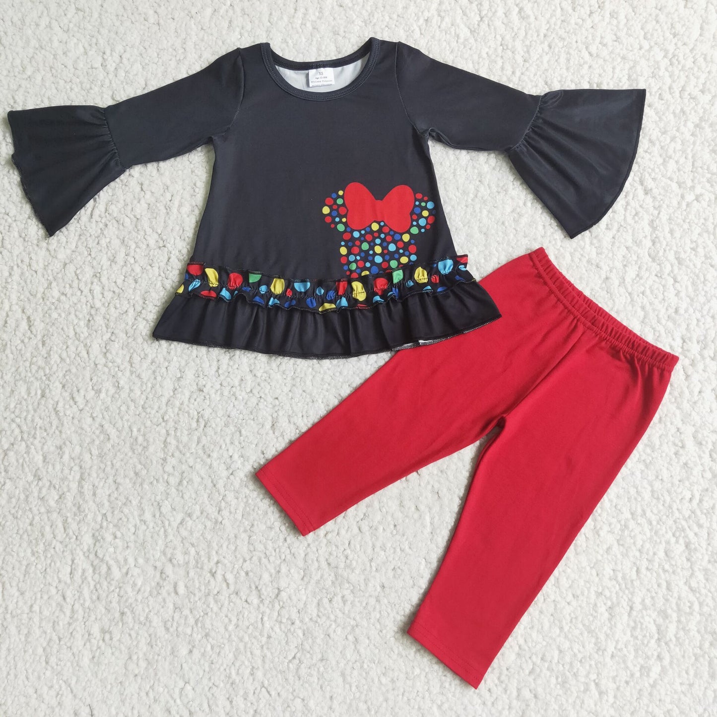 6 C8-36 Cartoon Colorful Black Long Sleeve Red Pants Girls Set