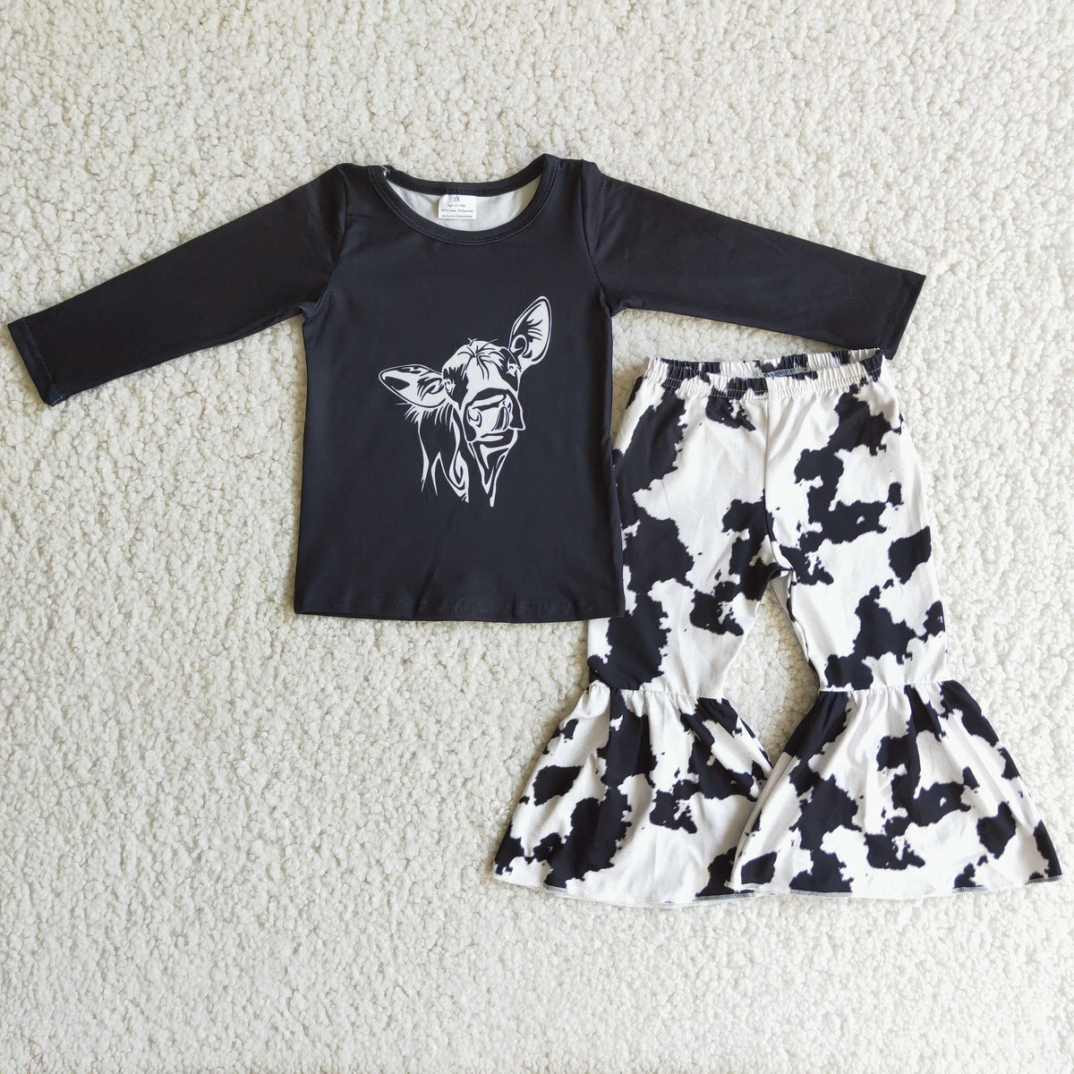6 C9-20 Cow Black Long Sleeve Cow Print Pants Girls Set