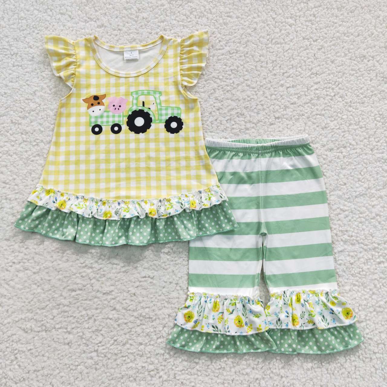 D9-12 Farm Truck Flutter Green Striped Print Girls Outfits