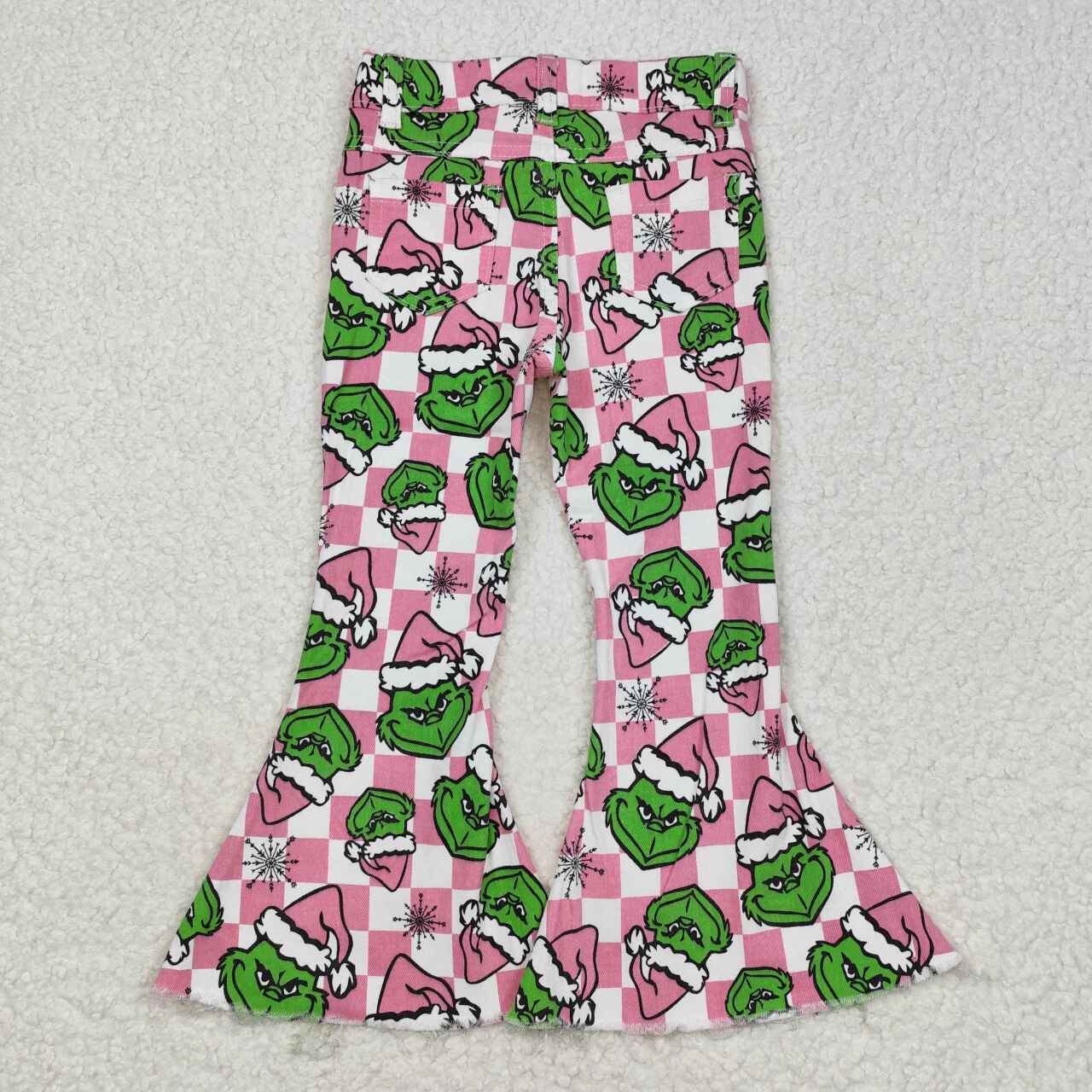USA SHOP P0483 Christmas green face pink checkered denim pants girls jeans