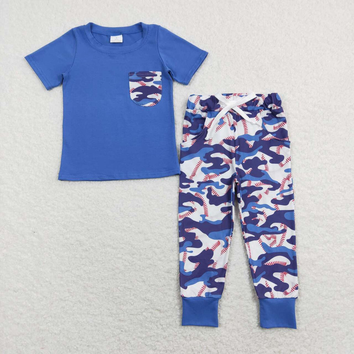 BSPO0170 Baseball print blue pocket short sleeve pants boys set