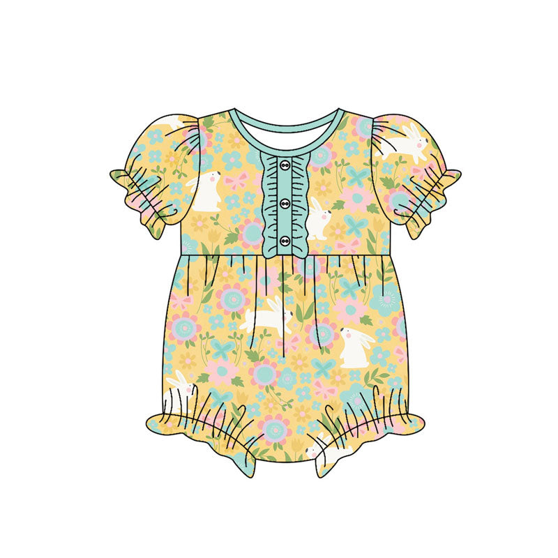 custom moq 5 Easter bunny rabbit flowers short sleeve girls romper