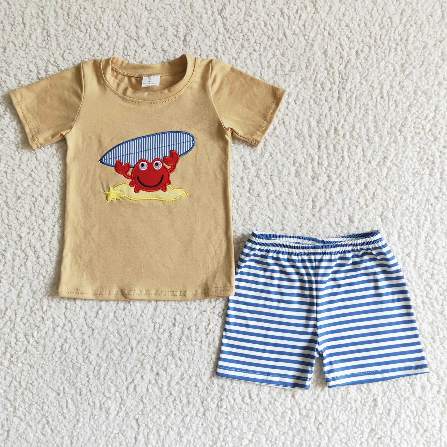 BSSO0003 Crab Embroidery Striped Print Boys Outfits