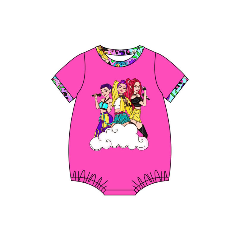 Custom moq 20 bamboo cartoon K witch hot pink short sleeve girls romper