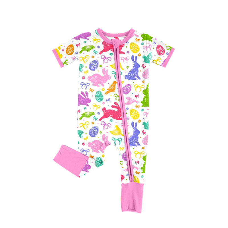 custom moq 5 Easter bunny rabbit bows egg hot pink zipper short sleeve girls romper