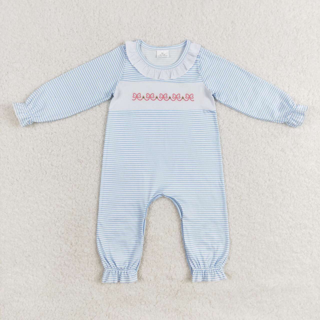 LR0941 embroidery cute pink bows blue striped long sleeve girls romper