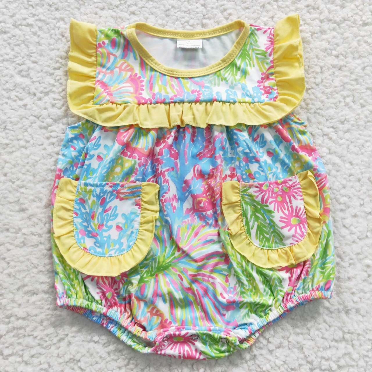 SR0391 Pink & Blue Flowers Green Pockets Yellow Sleeveless Romper